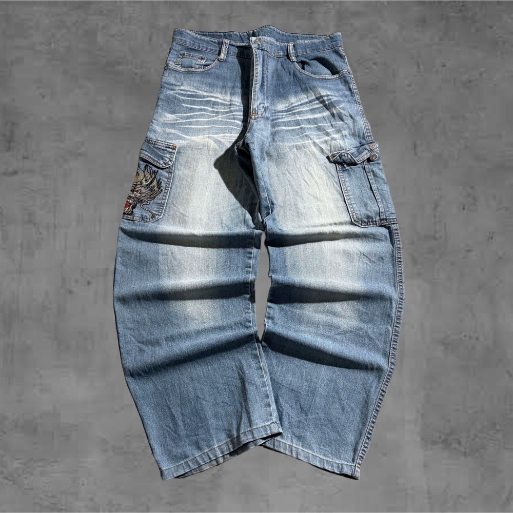 Y2k 90s Vintage Kamele Baggy Blue Denim Cargo Japense‎ embroidered Dragon Patch